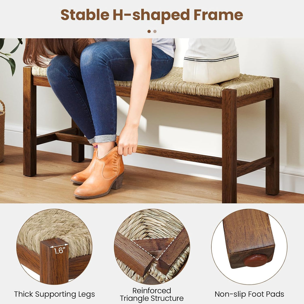 Woven Seagrass Dining Bench, Farmhouse Entryway Bench with Rubber Wood Legs, 40 Inch