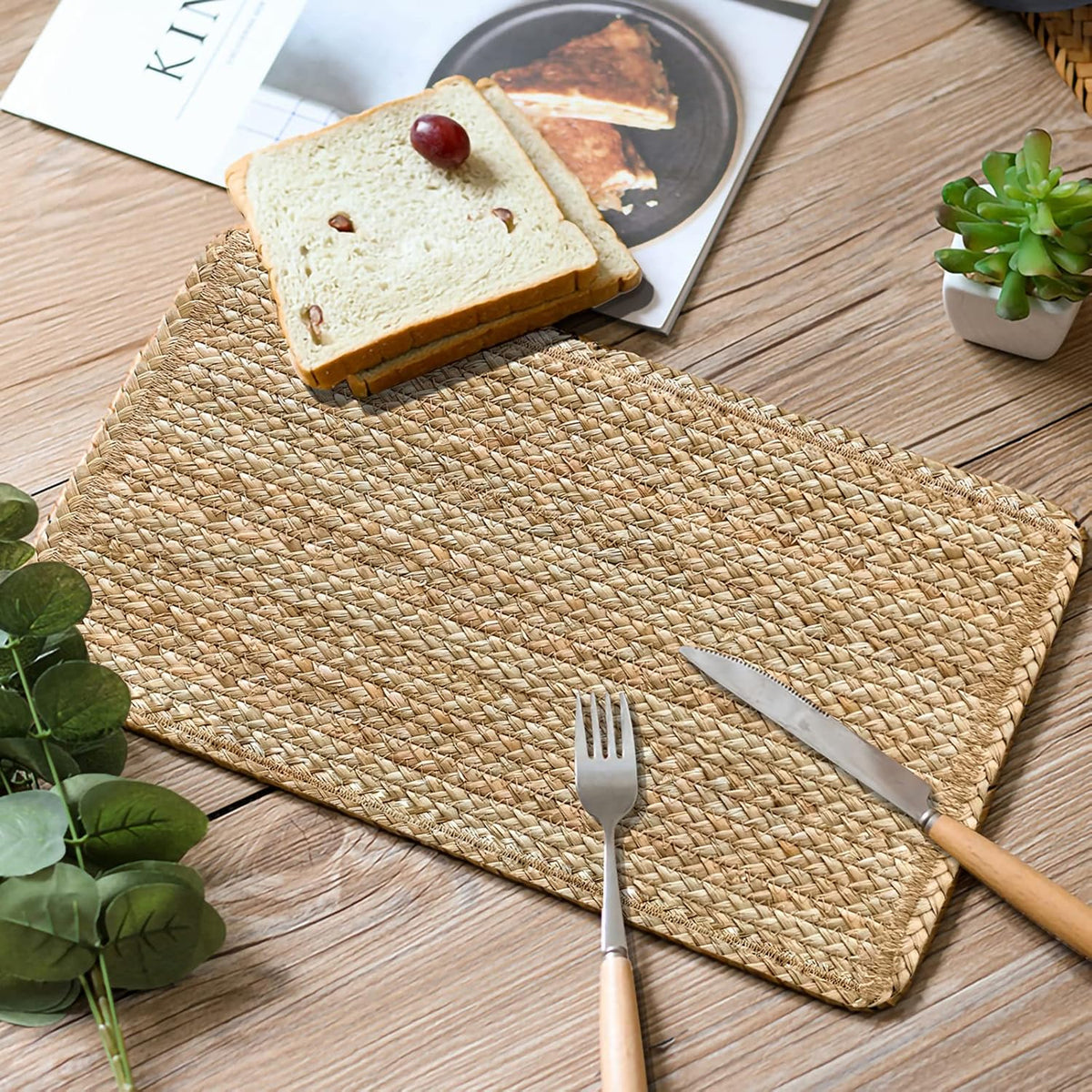 Woven Water Hyacinth Placemats Set of 6, Boho Farmhouse Rattan Table Mats