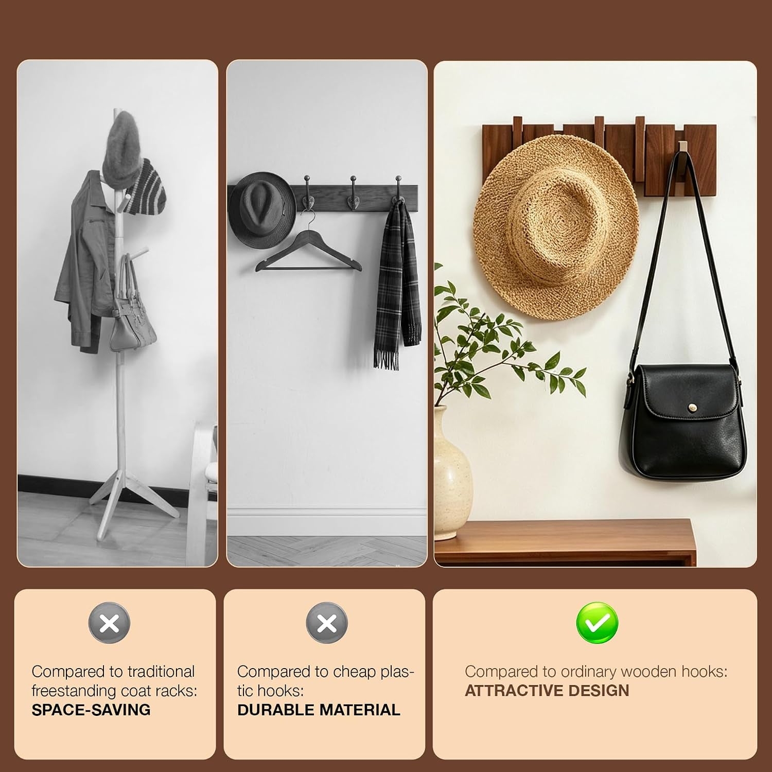 Walnut Wood Coat Rack Wall Mount, Piano Key Design 5-Hook Wall Hanger for Entryway, Bedroom, Bathroom