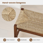 Woven Seagrass Dining Bench, Farmhouse Entryway Bench with Rubber Wood Legs, 40 Inch