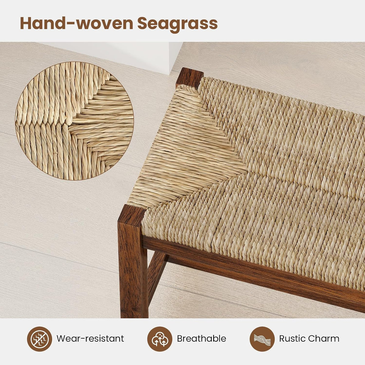Woven Seagrass Dining Bench, Farmhouse Entryway Bench with Rubber Wood Legs, 40 Inch