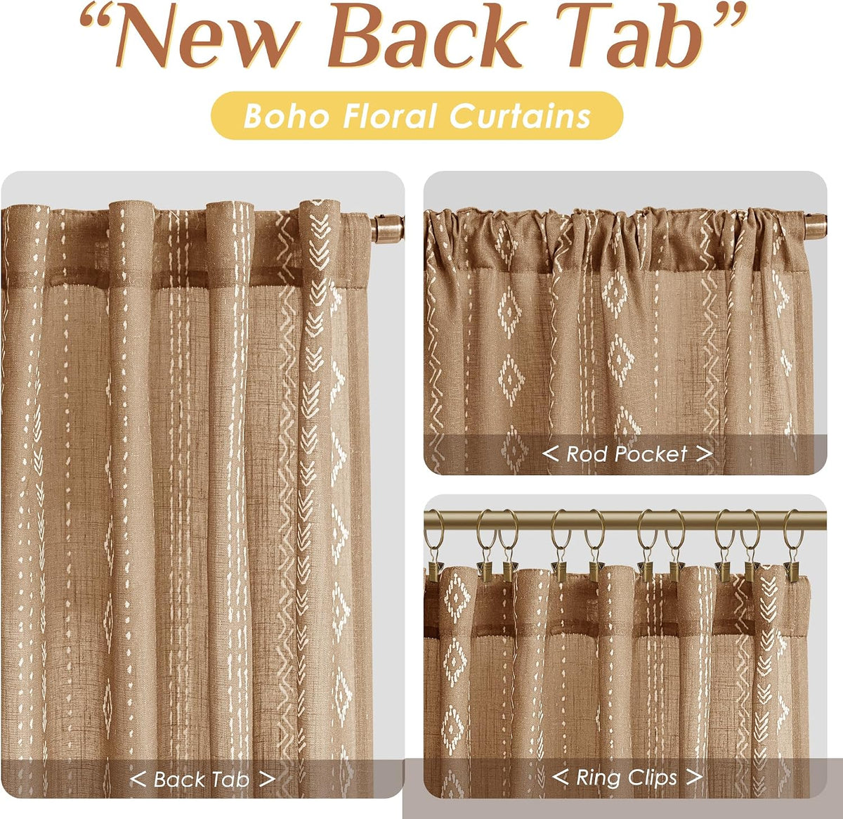 Terracotta Boho Linen Curtains, Geometric Stripe Light Filtering Farmhouse Drapes, Set of 2 Panels 52X84