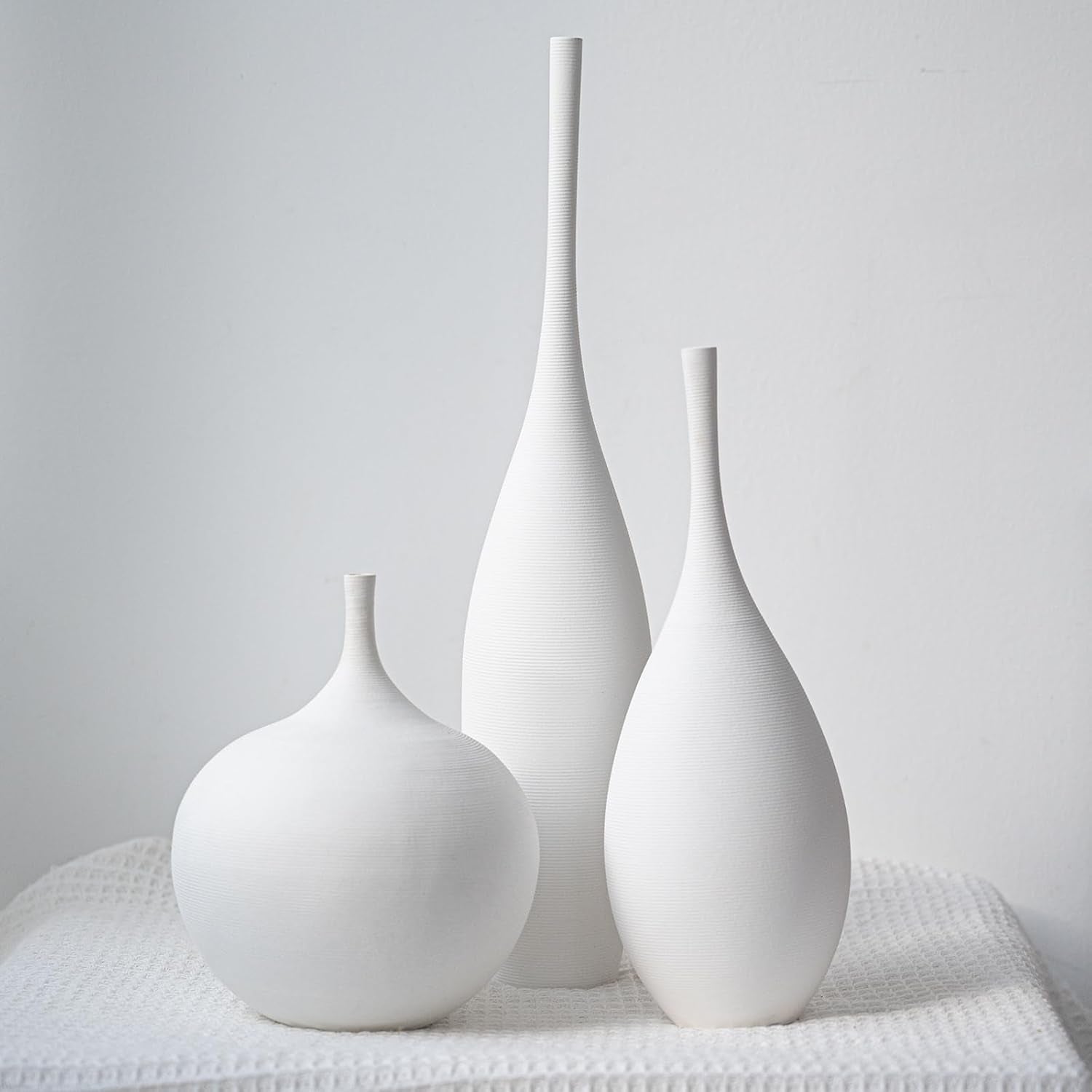 White Ceramic Vase Set of 3, Boho Wabi-Sabi Minimalist Vases for Living Room, Shelf, Centerpiece