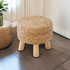 Round Seagrass Footstool, Natural Woven Ottoman with Wood Legs, Multifunctional Accent Stool
