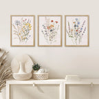Framed Canvas Wall Art Set of 3, Watercolor Wildflower Botanical Prints for Living Room, Bedroom, Farmhouse Decor, Natural
