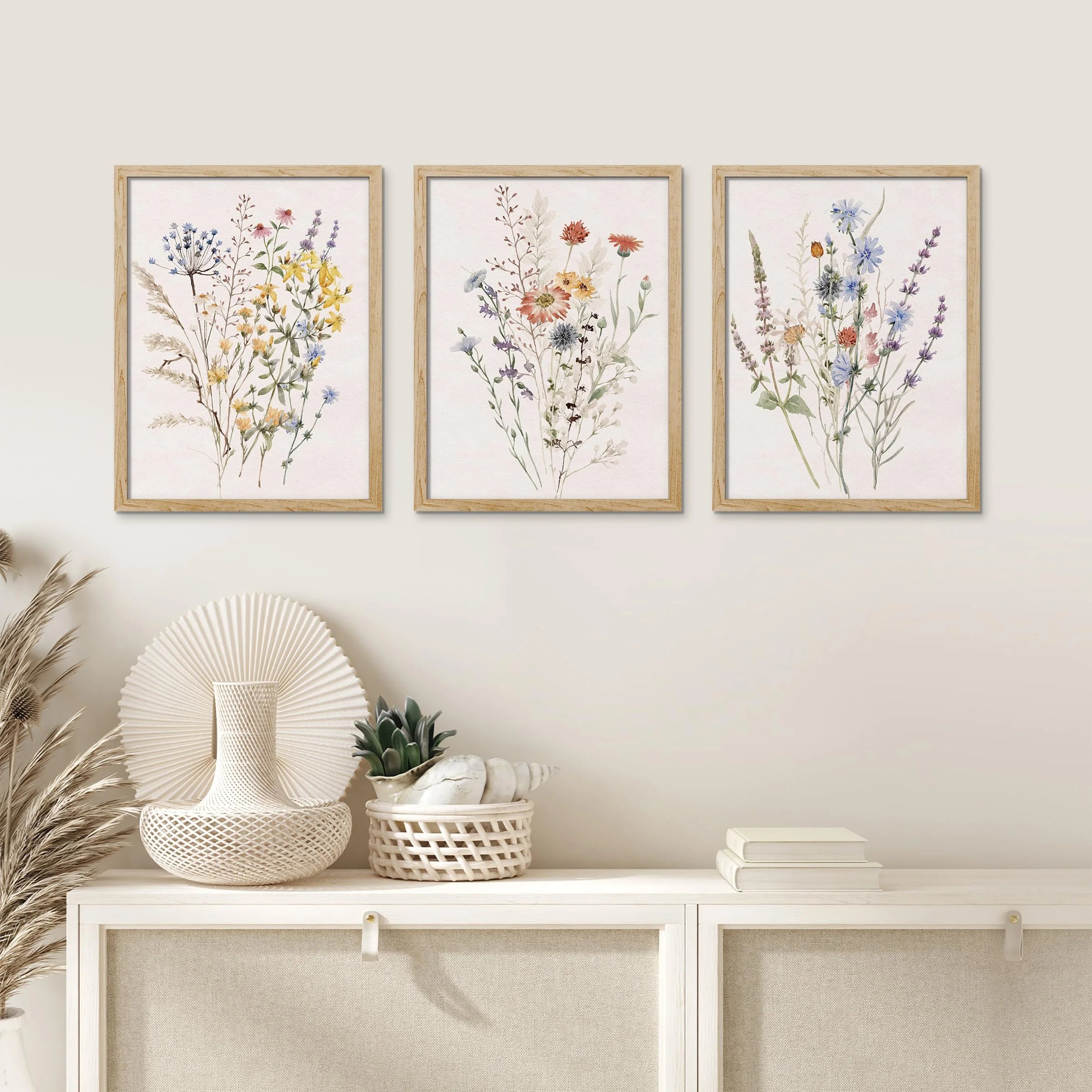 Framed Canvas Wall Art Set of 3, Watercolor Wildflower Botanical Prints for Living Room, Bedroom, Farmhouse Decor, Natural