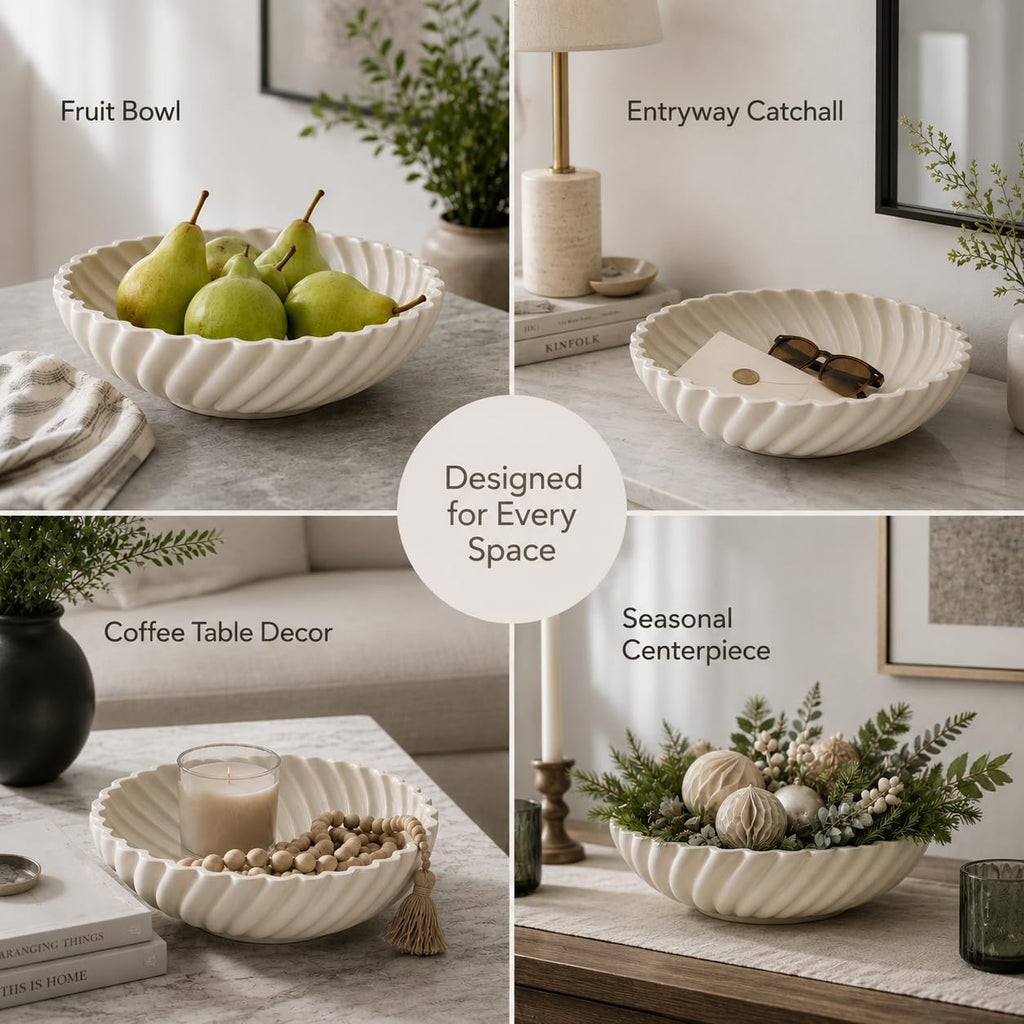 White Ceramic Decorative Bowl, 10 Inch Modern Fruit Bowl for Kitchen Counter, Entryway Key Bowl