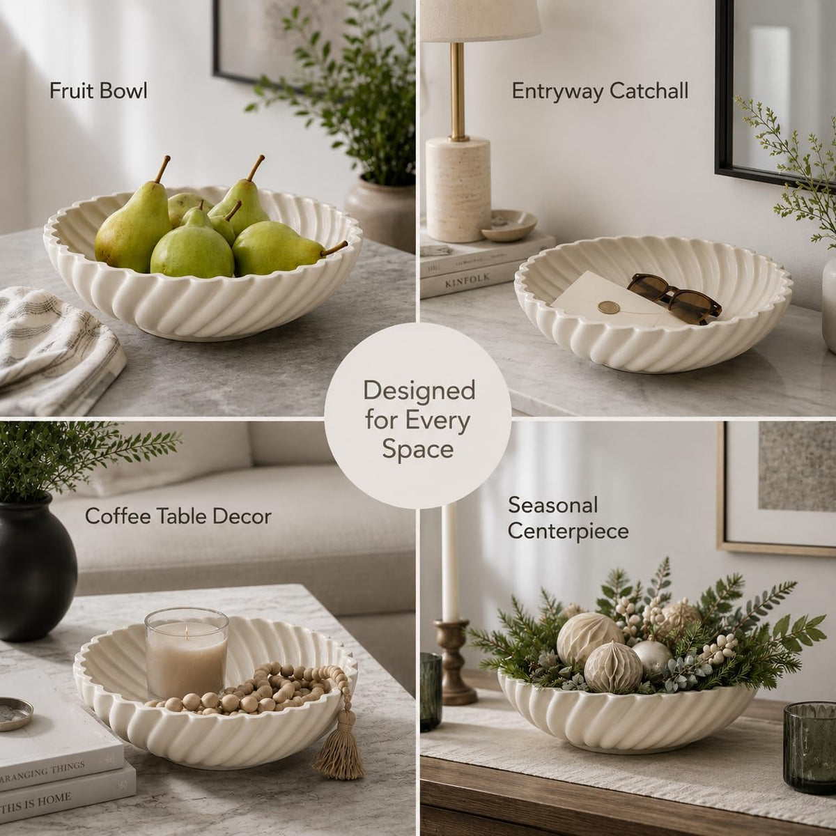 White Ceramic Decorative Bowl, 10 Inch Modern Fruit Bowl for Kitchen Counter, Entryway Key Bowl