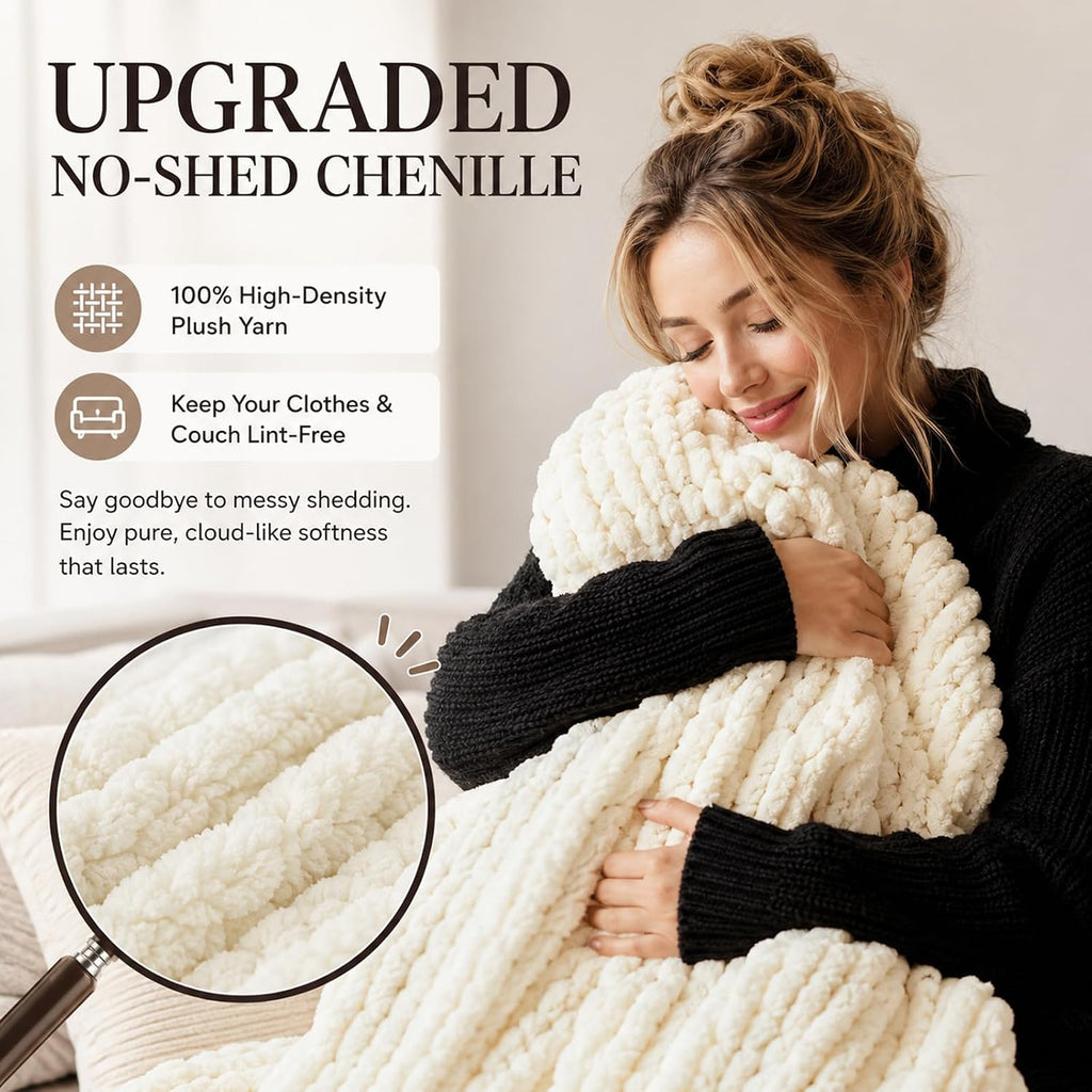Chunky Knit Chenille Throw Blanket, Boho Cable Knit Blanket for Sofa, Couch, Bed 50X60