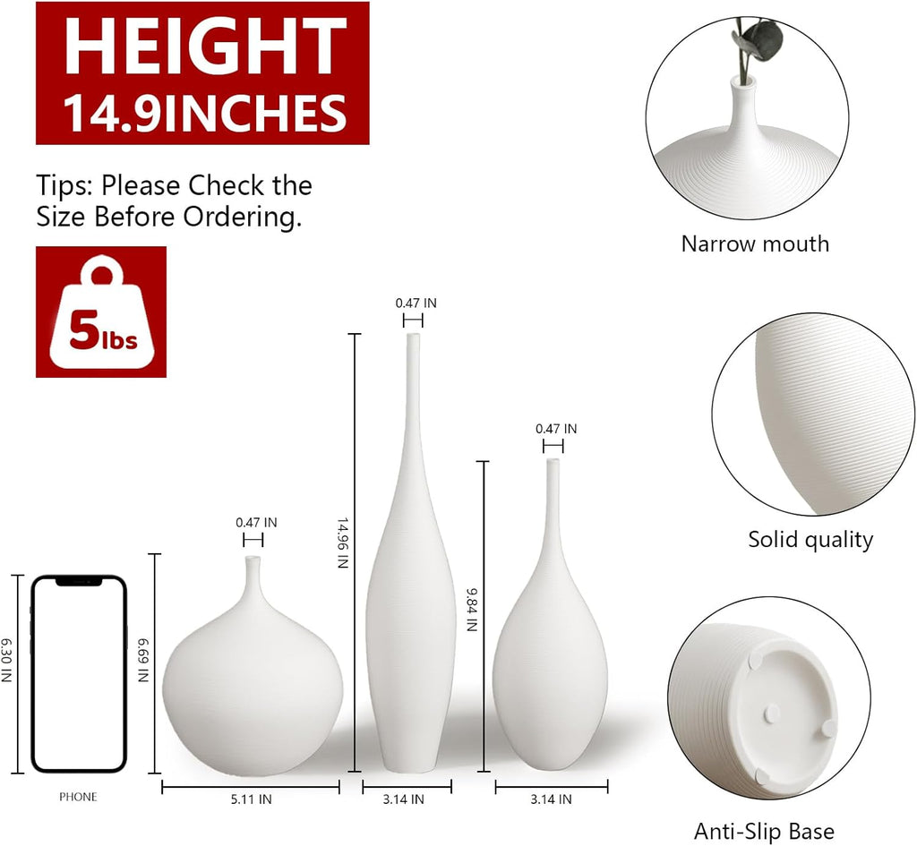 White Ceramic Vase Set of 3, Boho Wabi-Sabi Minimalist Vases for Living Room, Shelf, Centerpiece