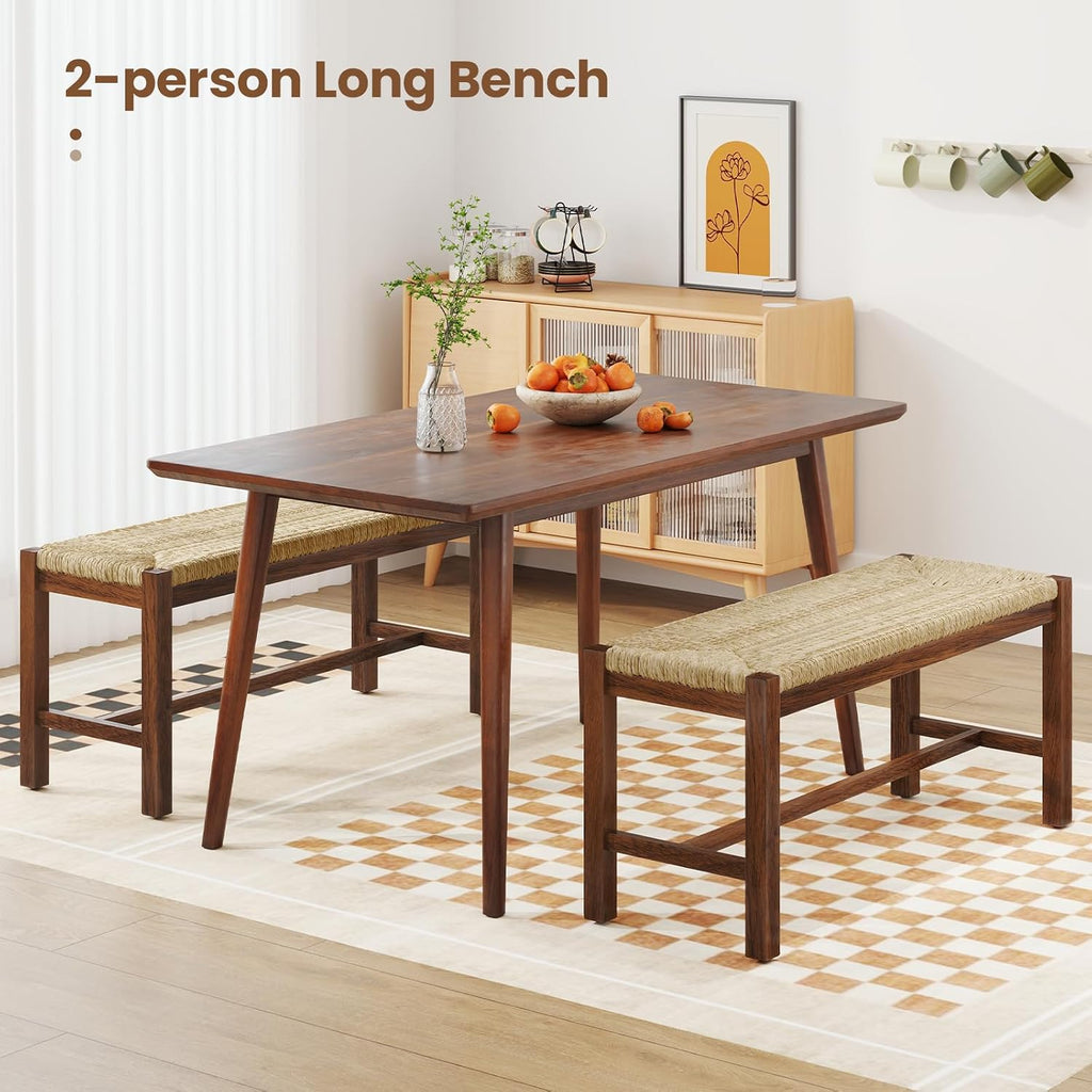 Woven Seagrass Dining Bench, Farmhouse Entryway Bench with Rubber Wood Legs, 40 Inch