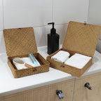 Woven Seagrass Storage Basket Set with Lid, Decorative Wicker Baskets for Home Organization, Set of 2