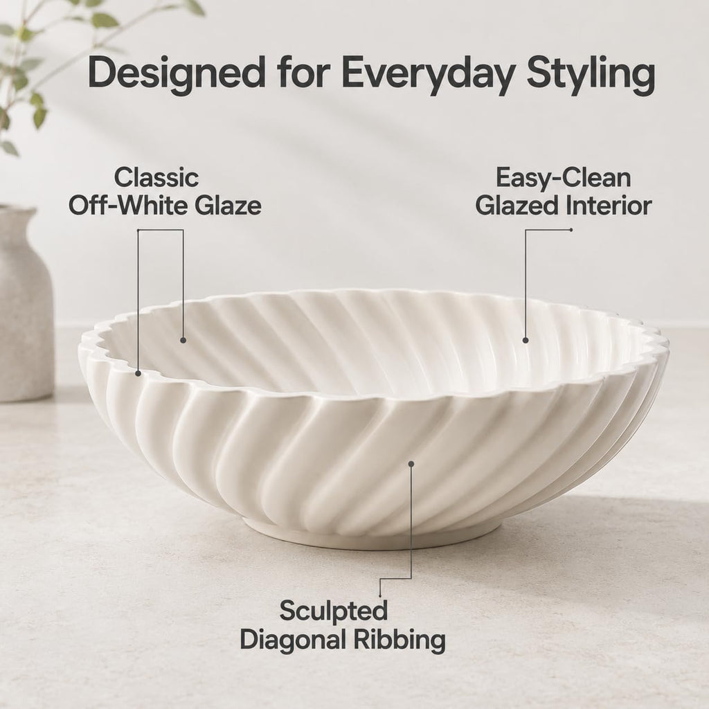 White Ceramic Decorative Bowl, 10 Inch Modern Fruit Bowl for Kitchen Counter, Entryway Key Bowl