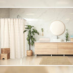 Boho Farmhouse Shower Curtain Set 3-Piece, Waffle Bath Mat and Towel, Waterproof with 12 Hooks