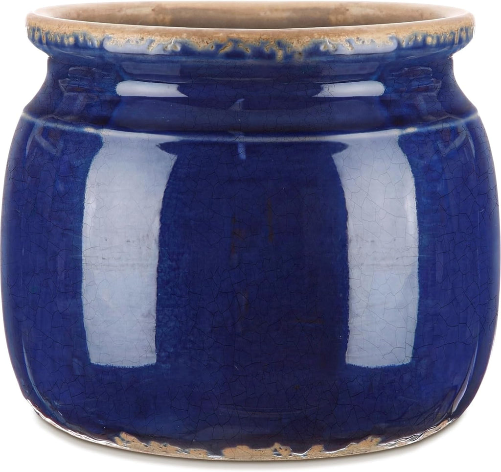 Vintage Ceramic Planter, Navy Blue Ice Crack Glazed Flower Pot, Farmhouse Cottage Decor