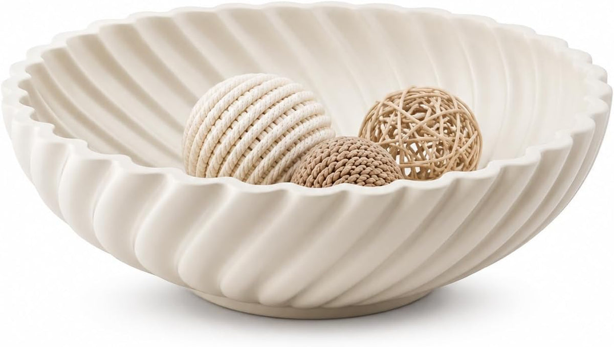 White Ceramic Decorative Bowl, 10 Inch Modern Fruit Bowl for Kitchen Counter, Entryway Key Bowl