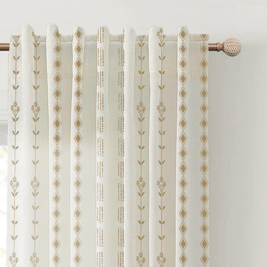 Brown Boho Floral Linen Curtains, Sheer Farmhouse Window Drapes, Set of 2 Panels 50X84