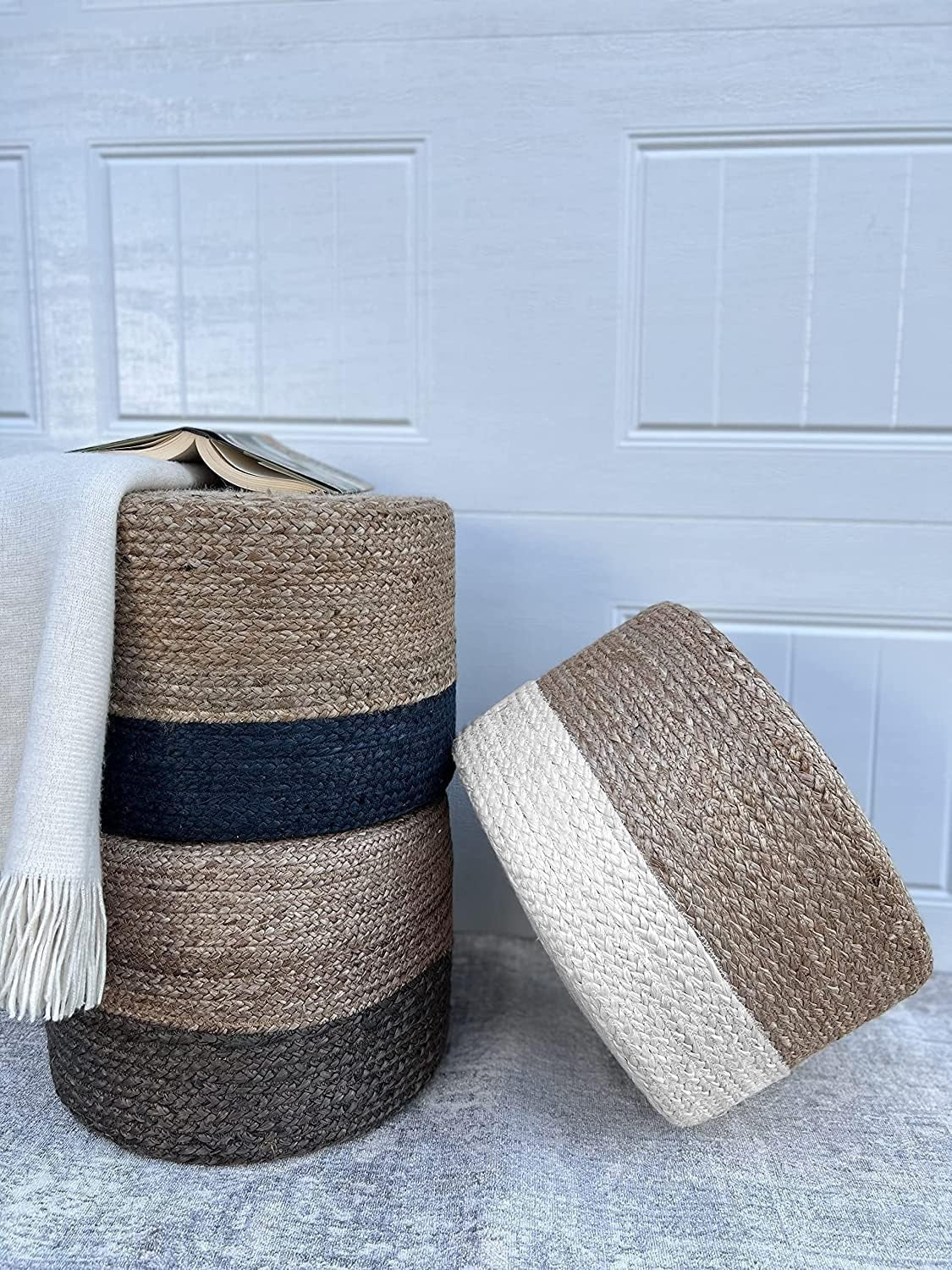 Jute Pouf Ottoman, Hand Braided round Boho Footrest for Living Room, Bedroom, Nursery