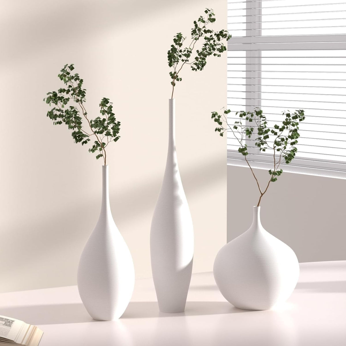 White Ceramic Vase Set of 3, Boho Wabi-Sabi Minimalist Vases for Living Room, Shelf, Centerpiece