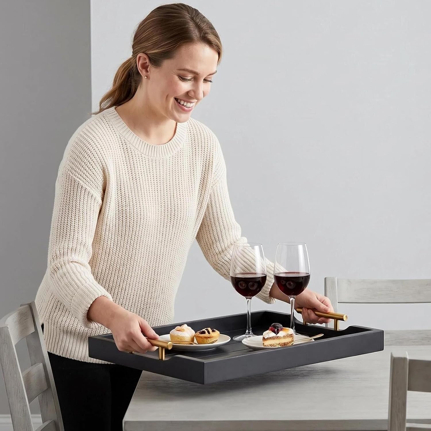 Wood Serving Tray with Metal Handles, Decorative Ottoman Tray for Coffee Table