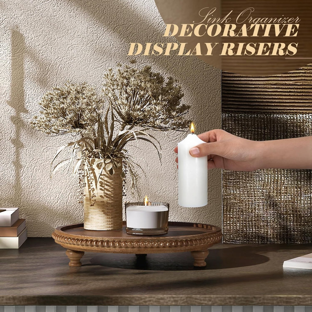 Acacia Wood round Display Riser, Beaded Pedestal Stand for Coffee Table, Vanity, Kitchen Counter