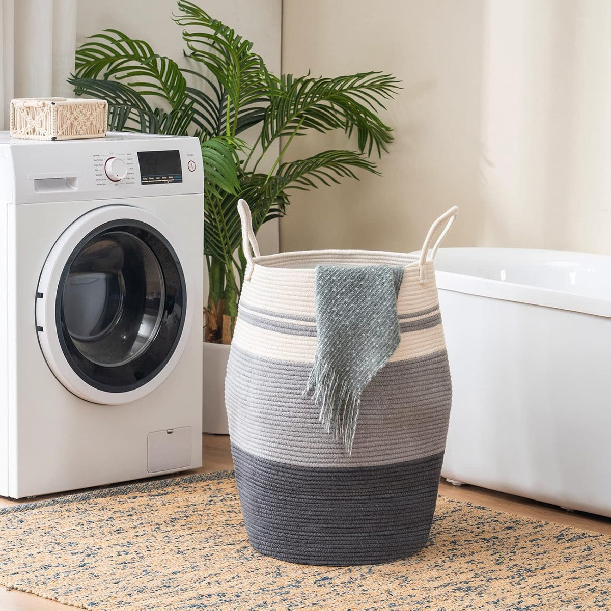 Woven Cotton Rope Laundry Hamper, Collapsible Storage Basket for Bedroom, Nursery, Laundry Room, 105L
