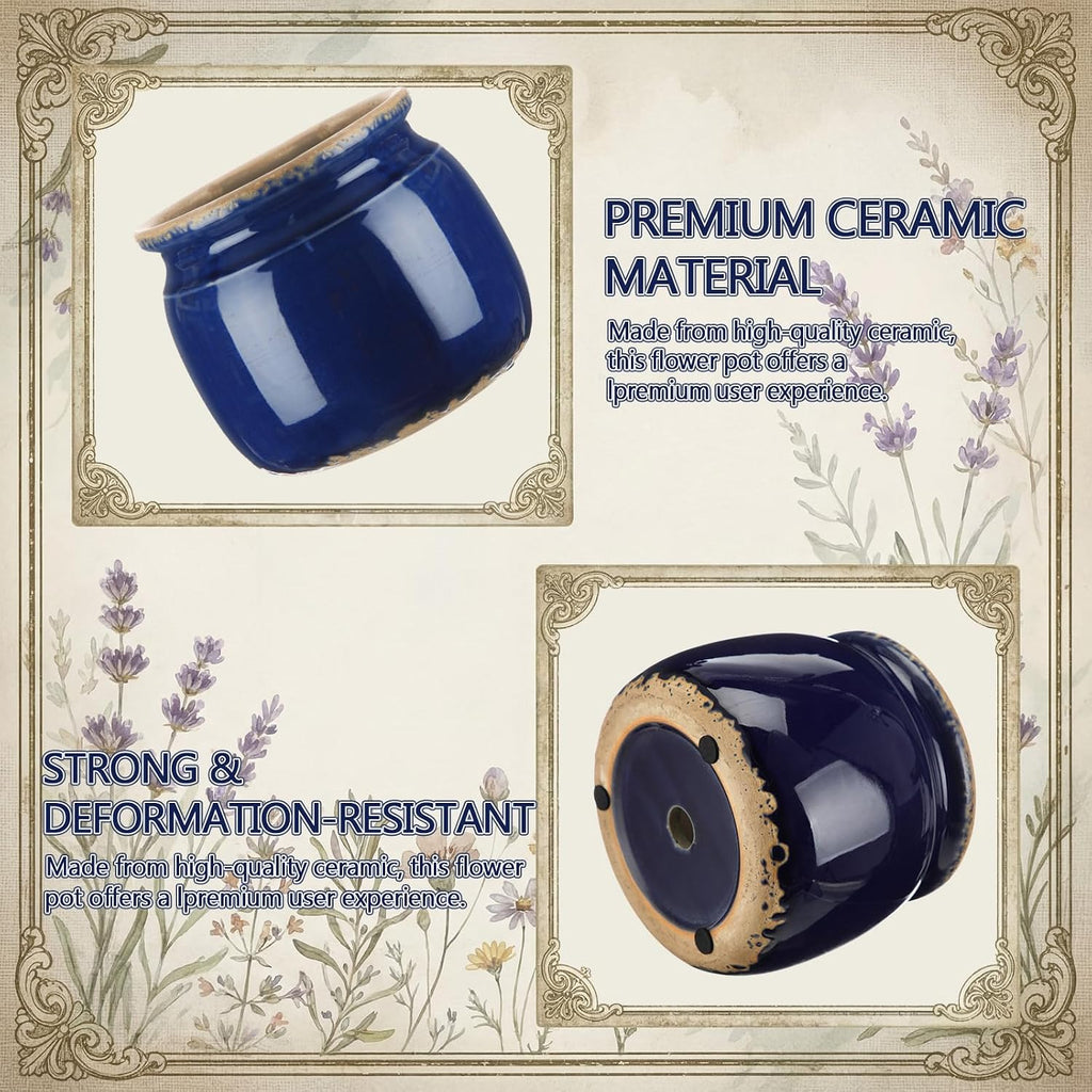 Vintage Ceramic Planter, Navy Blue Ice Crack Glazed Flower Pot, Farmhouse Cottage Decor