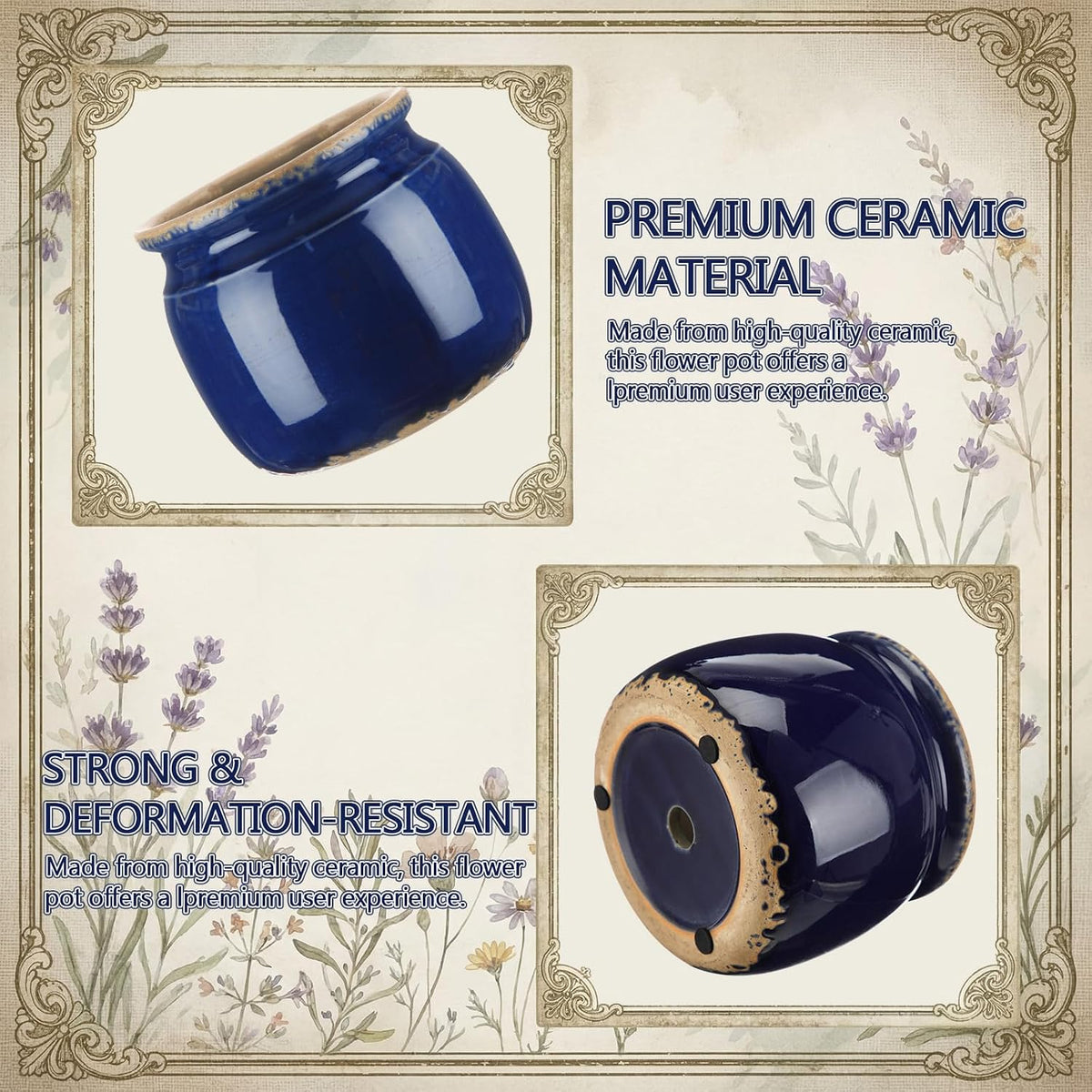 Vintage Ceramic Planter, Navy Blue Ice Crack Glazed Flower Pot, Farmhouse Cottage Decor