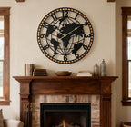 Farmhouse World Map Wall Clock 26 Inch, Rustic round Metal Frame Silent Quartz Clock for Living Room, Kitchen