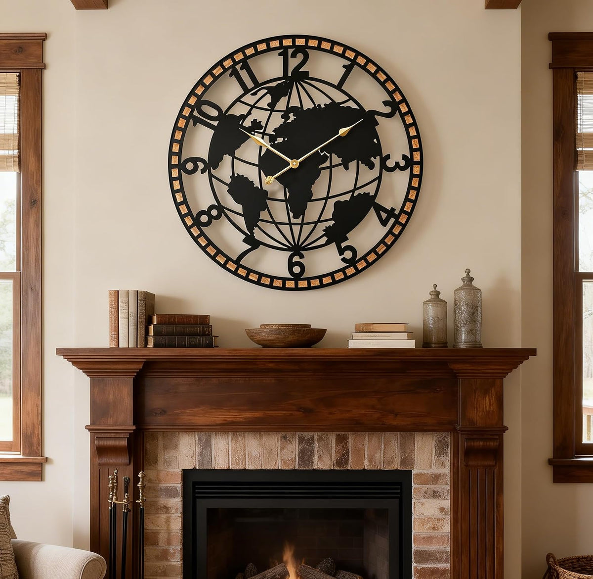 Farmhouse World Map Wall Clock 26 Inch, Rustic round Metal Frame Silent Quartz Clock for Living Room, Kitchen