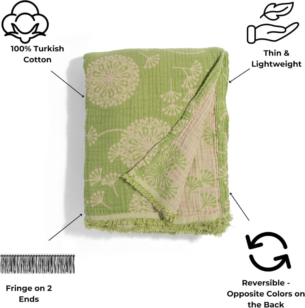 Turkish Cotton Muslin Throw Blanket, Reversible Dandelion Pattern, Oversized 92X65
