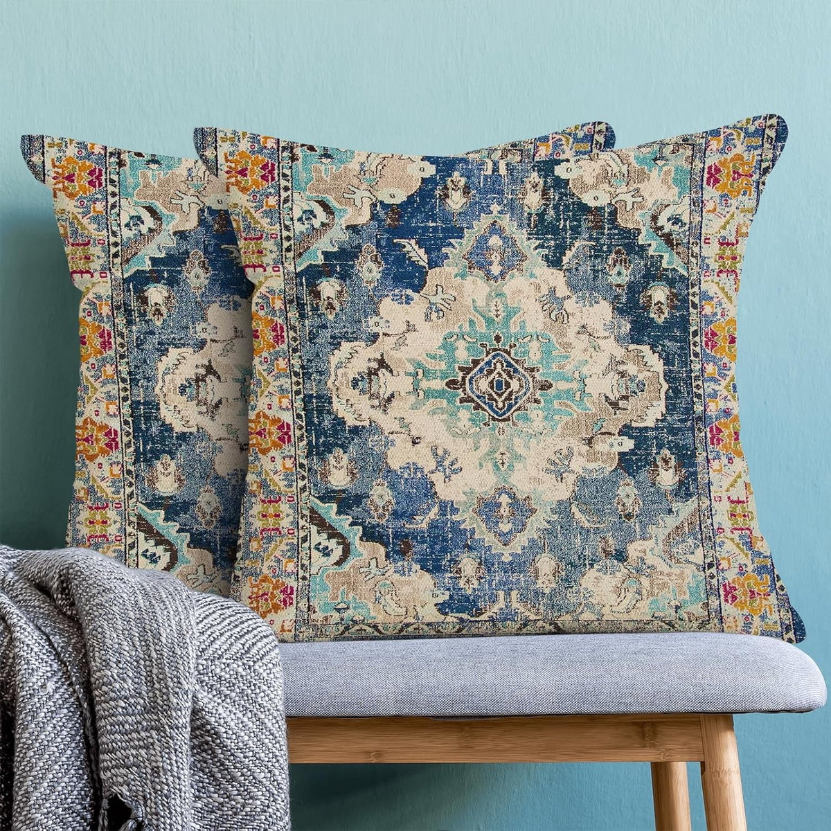 Boho Throw Pillow Covers Set of 2, Linen Farmhouse Decorative Cushion Covers for Sofa, Couch, Bed, 18X18