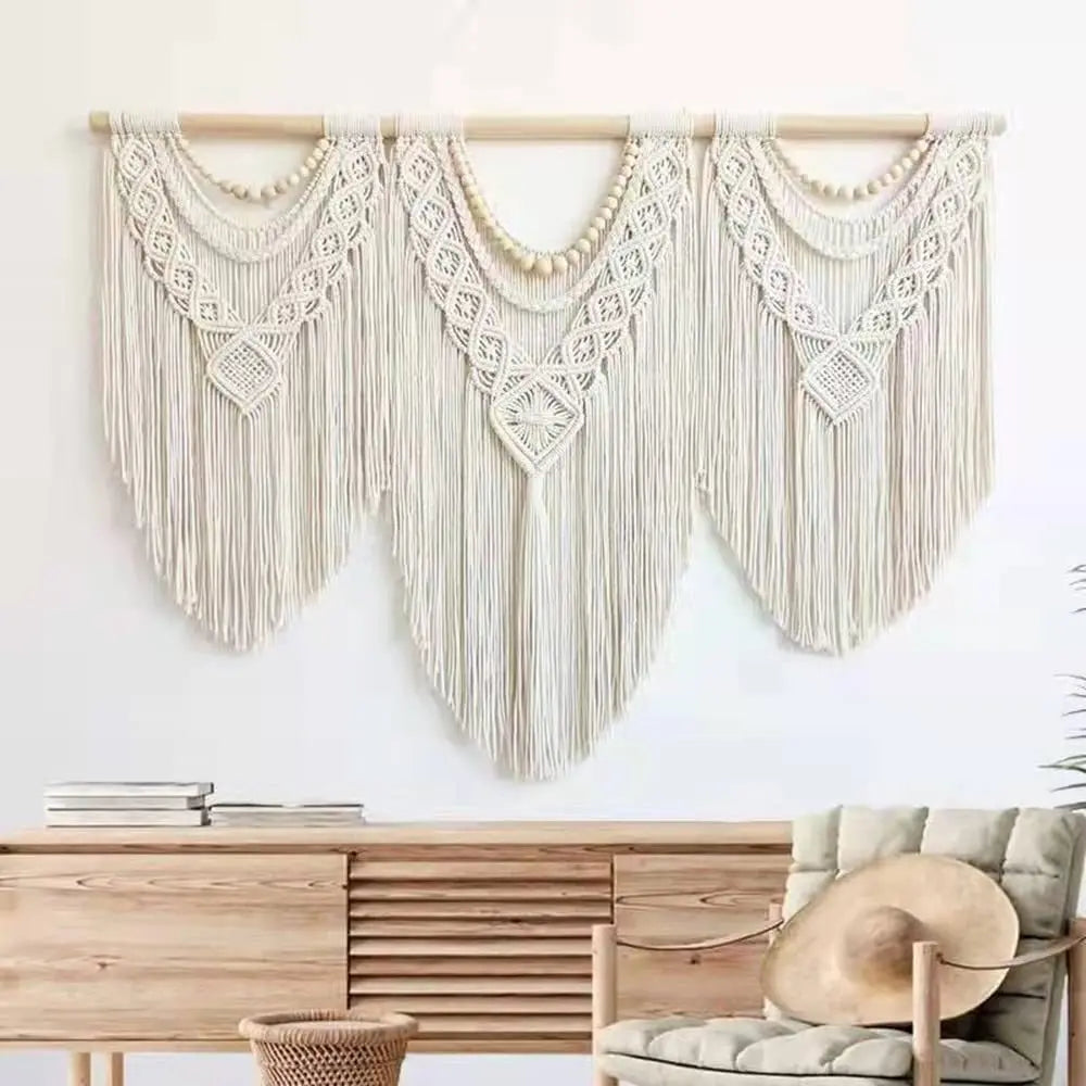 Handwoven Large Boho Macrame Wall Hanging Tapestry, Cotton Wall Art with Wooden Rod for Living Room, Bedroom, Wedding Backdrop, Beige