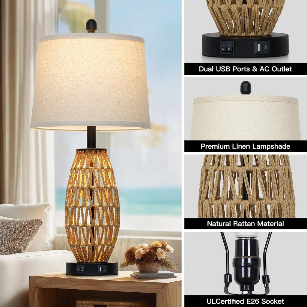 Boho Rattan Table Lamp with Night Light, Woven Wicker Bedside Lamp with USB Charging Ports