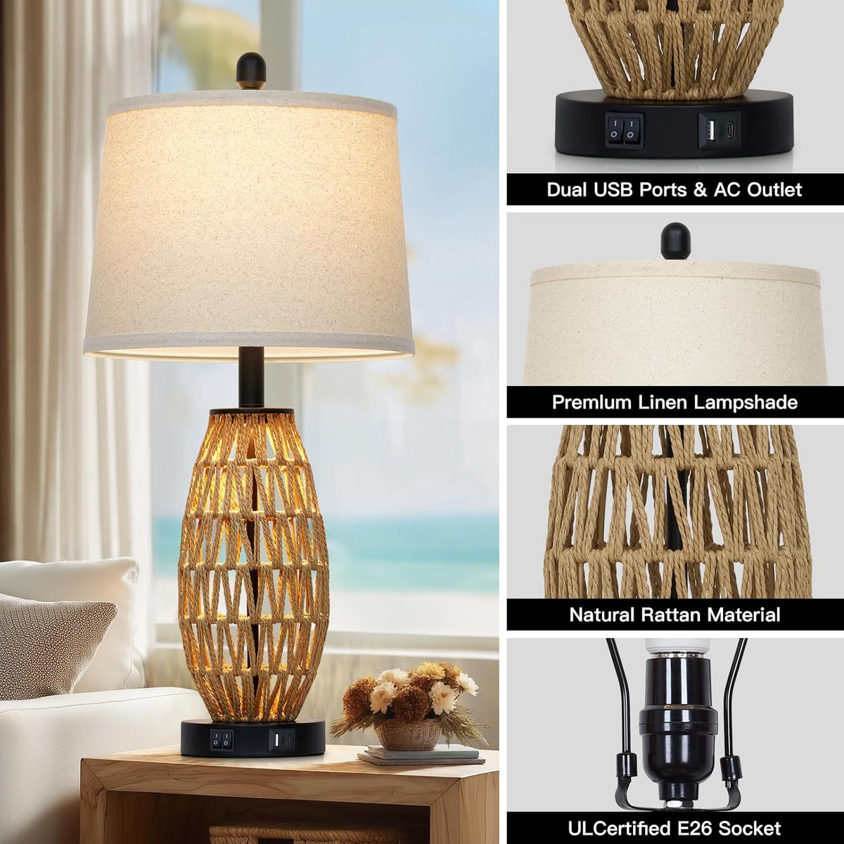 Boho Rattan Table Lamp with Night Light, Woven Wicker Bedside Lamp with USB Charging Ports