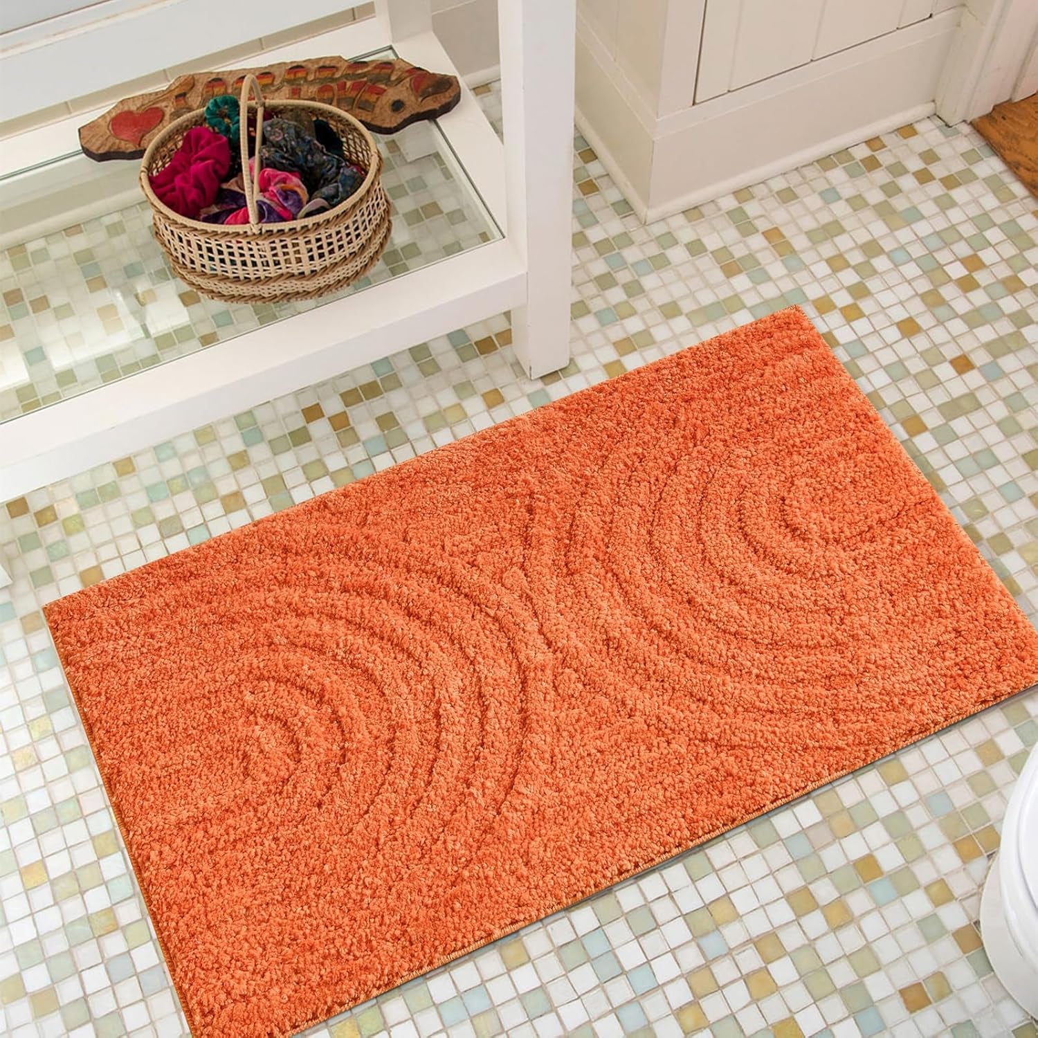 Boho Rainbow Tufted Bath Mat, Non-Slip Farmhouse Bathroom Rug, Rubber Backed