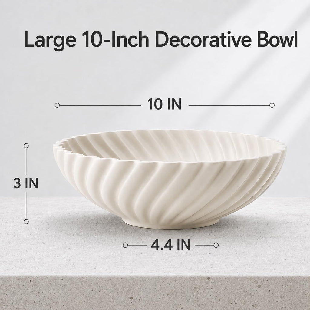 White Ceramic Decorative Bowl, 10 Inch Modern Fruit Bowl for Kitchen Counter, Entryway Key Bowl