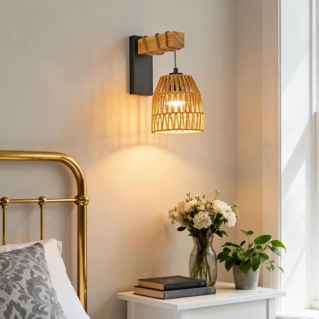 Boho Rattan Battery Operated Wall Sconces, Cordless Wireless Wall Lights with Remote, Set of 2
