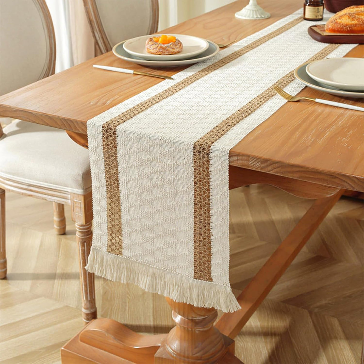 Boho Macrame Table Runner, Cotton Linen Woven Farmhouse Table Decor, 12X90 Inches