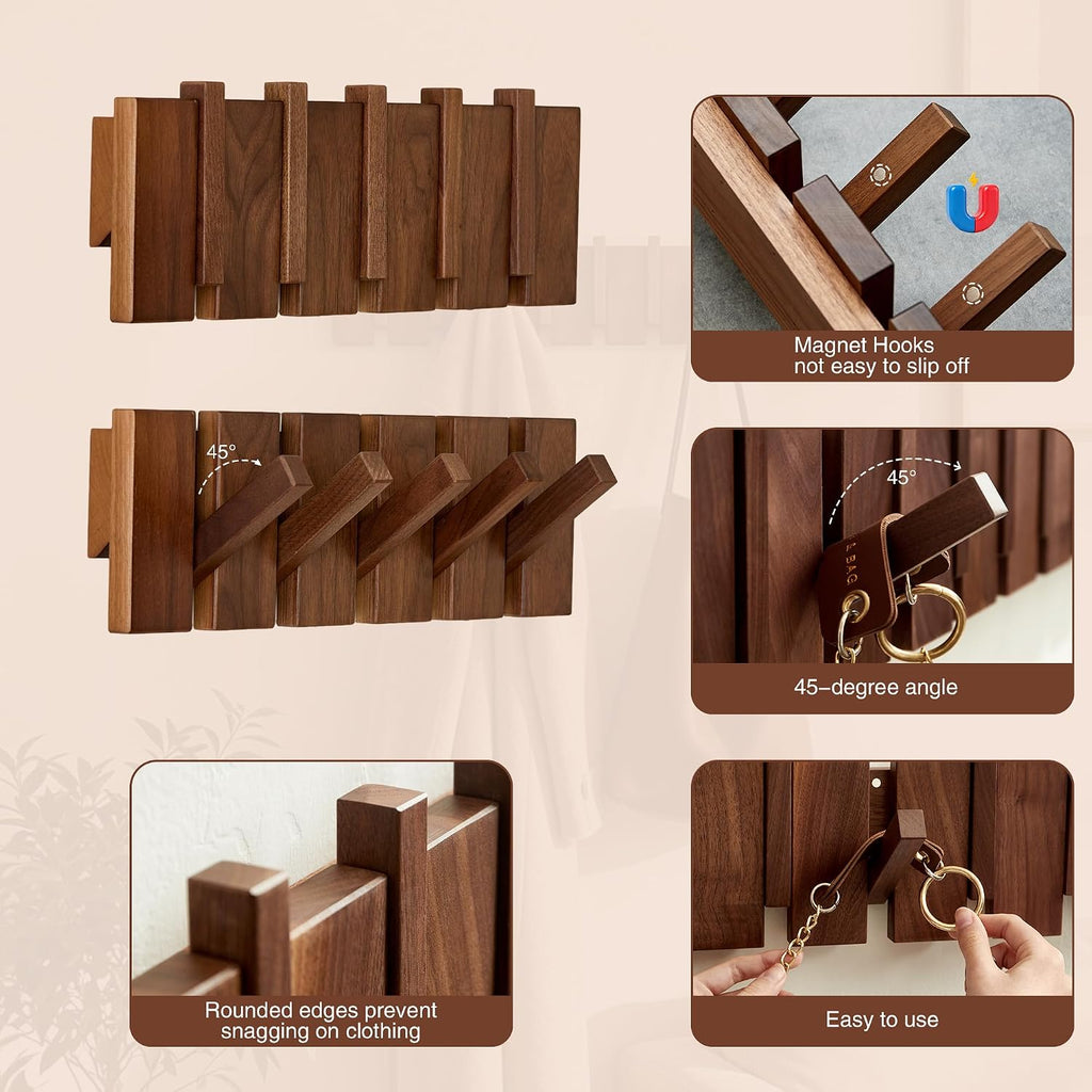 Walnut Wood Coat Rack Wall Mount, Piano Key Design 5-Hook Wall Hanger for Entryway, Bedroom, Bathroom