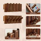 Walnut Wood Coat Rack Wall Mount, Piano Key Design 5-Hook Wall Hanger for Entryway, Bedroom, Bathroom