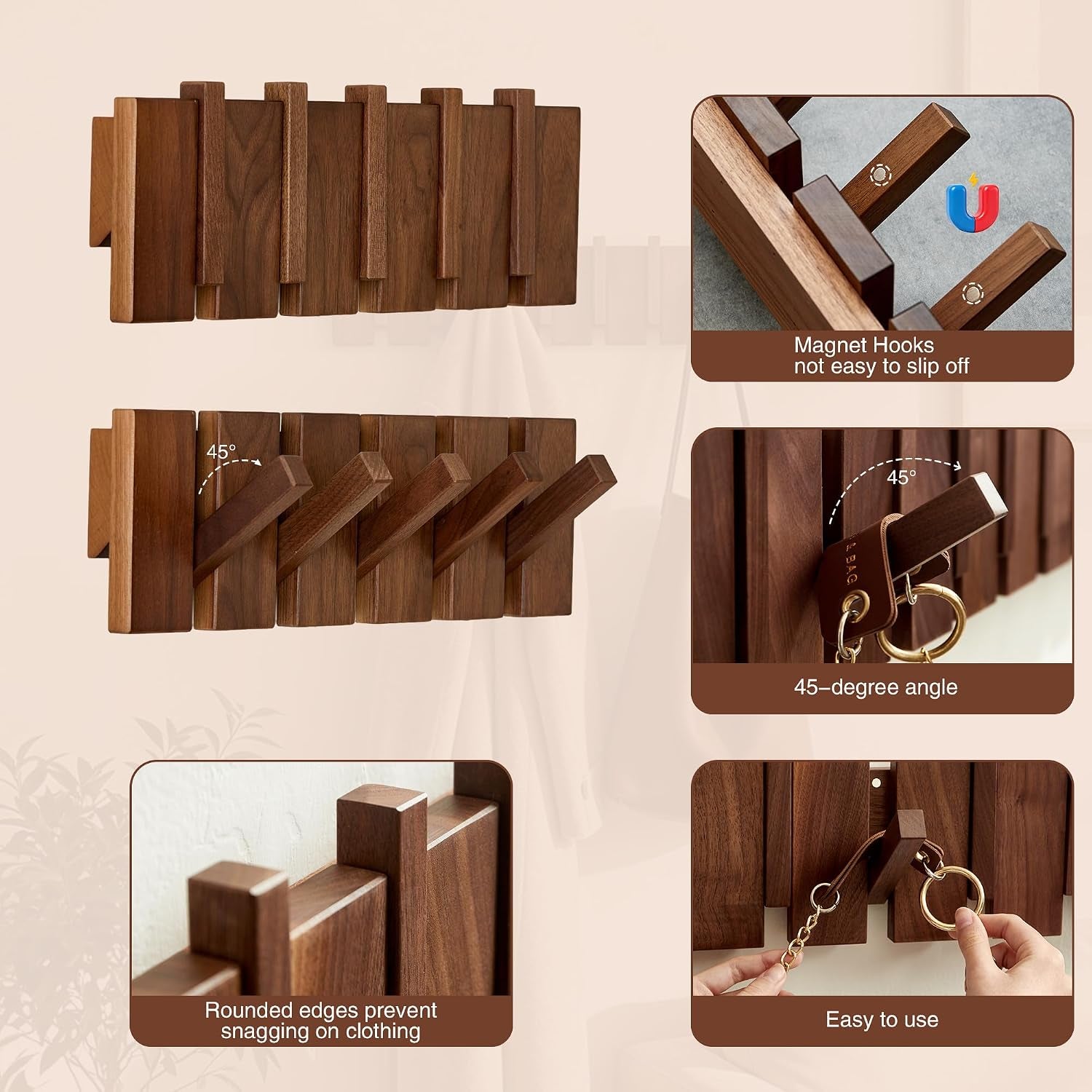 Walnut Wood Coat Rack Wall Mount, Piano Key Design 5-Hook Wall Hanger for Entryway, Bedroom, Bathroom