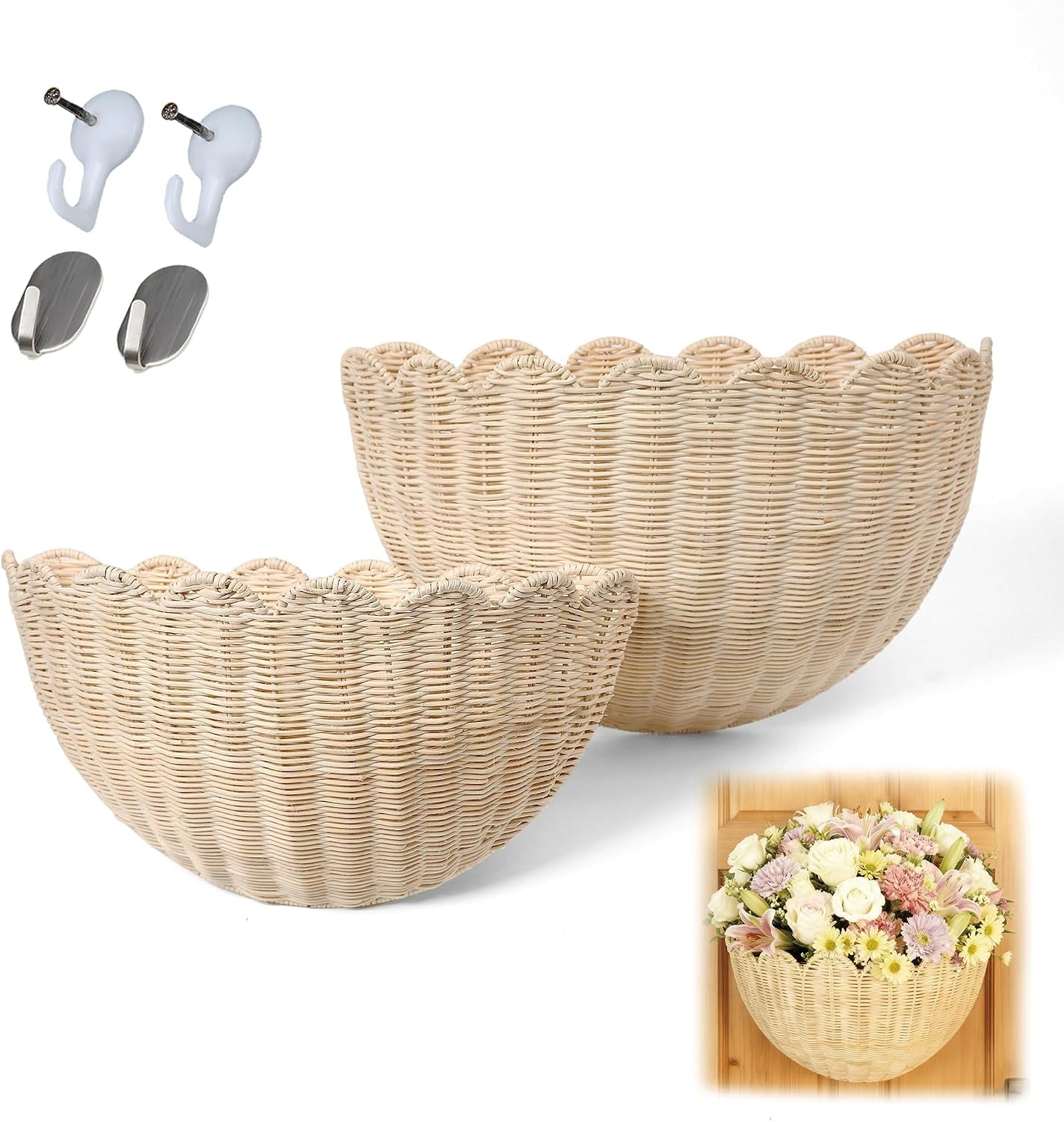 Scalloped Woven Rattan Wall Basket Set of 2, Boho Wall Storage for Bathroom, Bedroom, Entryway