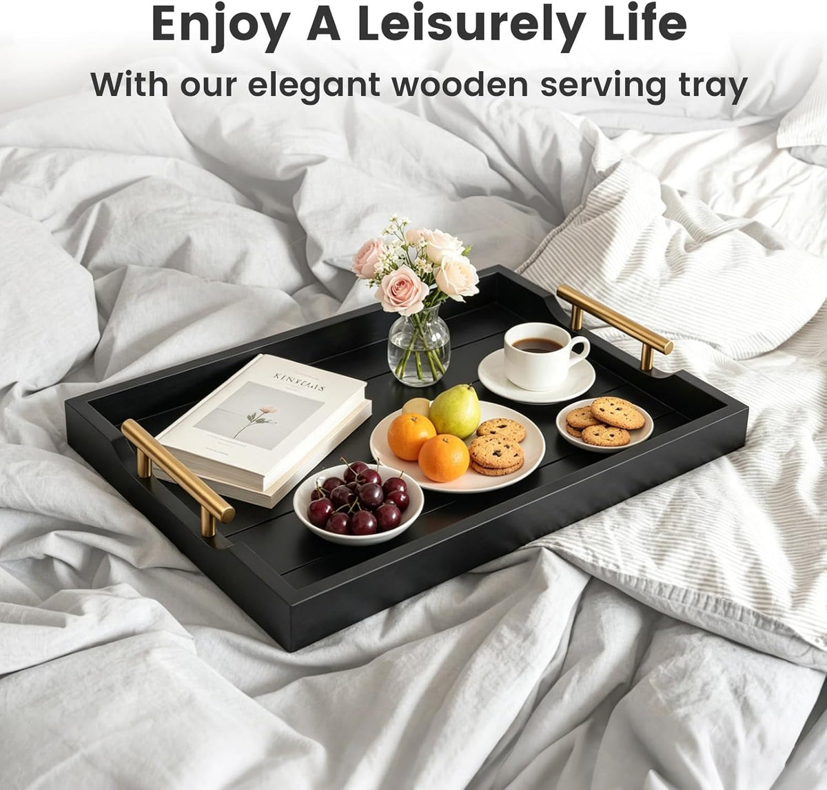Wood Serving Tray with Metal Handles, Decorative Ottoman Tray for Coffee Table