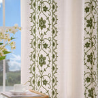 Sage Green Boho Curtains, Vintage Floral Embroidered Linen Drapes, Set of 2 Panels 52X84