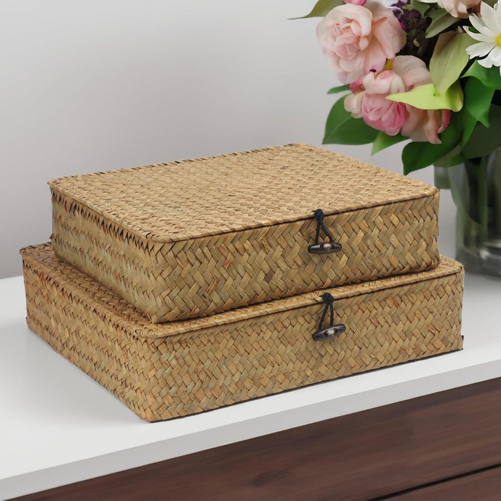 Woven Seagrass Storage Basket Set with Lid, Decorative Wicker Baskets for Home Organization, Set of 2