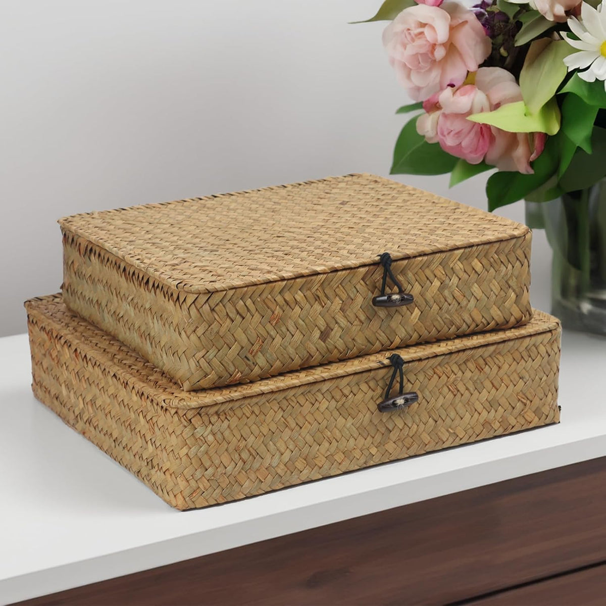 Woven Seagrass Storage Basket Set with Lid, Decorative Wicker Baskets for Home Organization, Set of 2