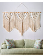Handwoven Large Boho Macrame Wall Hanging Tapestry, Cotton Wall Art with Wooden Rod for Living Room, Bedroom, Wedding Backdrop, Beige