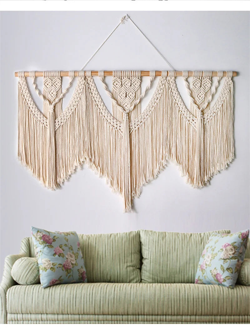 Handwoven Large Boho Macrame Wall Hanging Tapestry, Cotton Wall Art with Wooden Rod for Living Room, Bedroom, Wedding Backdrop, Beige