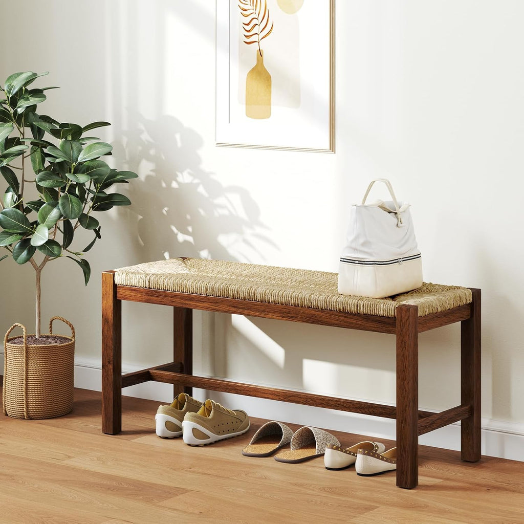 Woven Seagrass Dining Bench, Farmhouse Entryway Bench with Rubber Wood Legs, 40 Inch